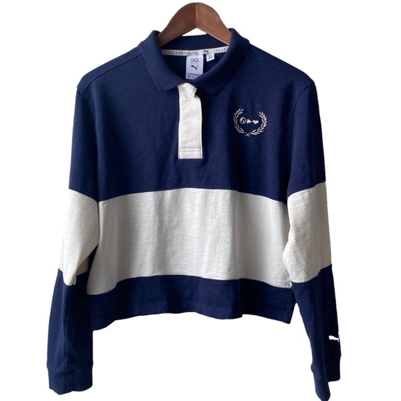 Puma Selena Gomez Blue White Stripe Long Sleeve Crop Rugby Shirt Women's XL - Picture 3 of 14
